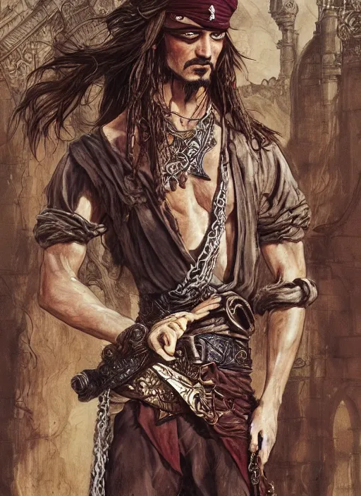 Image similar to detailed pencil spot illustrations of various character concepts from the prince of persia game and pirates of the caribbean movie, various poses, by burne hogarth, by bridgeman, by anthony ryder, by yoshitaka amano, by ruan jia, by conrad roset, by mucha, artstation, artstation.