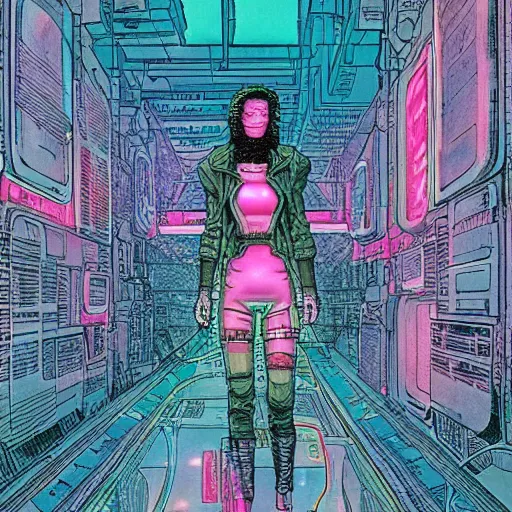 Image similar to Neuromancer cyberpunk cover in Moebius style, energetic