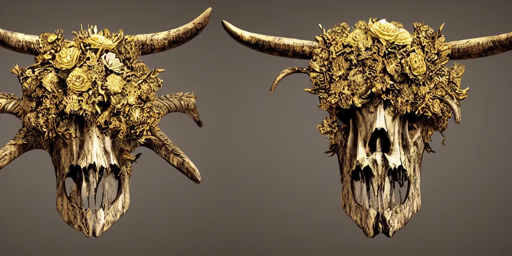 Prompt: a decorated bull skull bone, carved with extremely detailed geometric fractal patterns and shiny golden horns, with moss and flowers and gold in the cracks, kintsugi, death metal, gothic, satanic, dark background, symmetrical, studio photography, volumetric lighting, smoke and haze, particles in the air, low aperture, abstract 3 d design, octane render