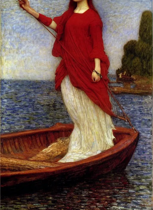 Image similar to lady of shallot in a boat by john william waterhouse, rosetti, monet, william holman hunt, 8 k