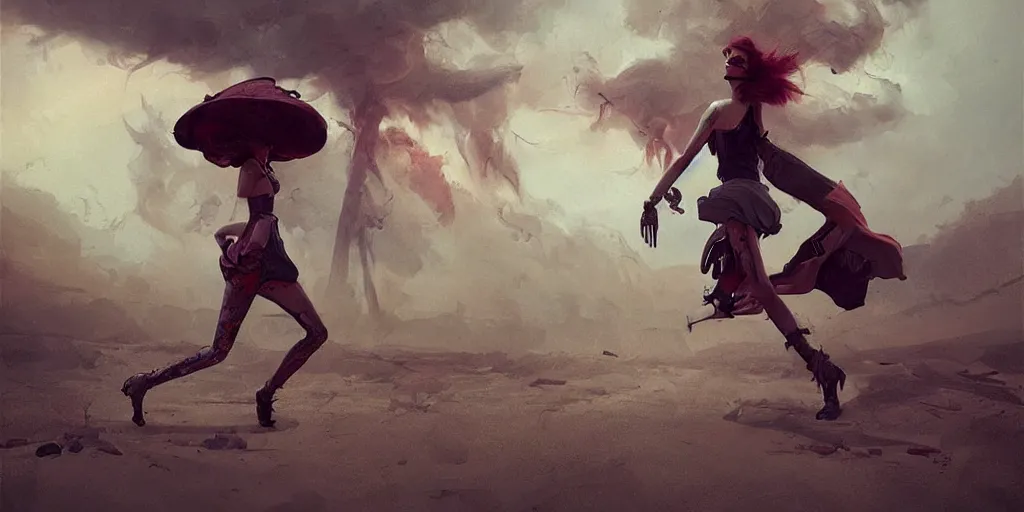Prompt: A kinky pirate woman running away, in the middle of a tornado, at the desert, dinosaur skeletons, magical, awestriking, impossibly detailed, by Sergey Kolesov