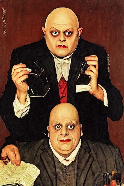 Image similar to uncle fester addams from the addams family painted by norman rockwell