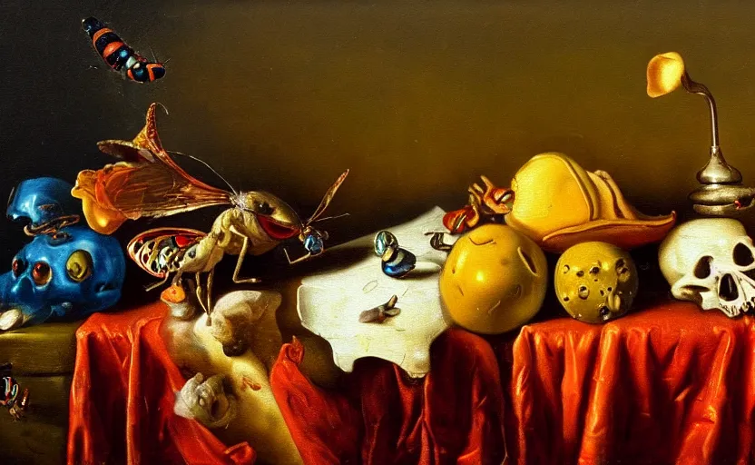 Image similar to disturbing colorful oil painting dutch golden age vanitas still life with bizarre objects strange gooey surfaces shiny metal bizarre insects rachel ruysch dali todd schorr very detailed perfect composition rule of thirds masterpiece canon 5 0 mm, cinematic lighting, photography, retro, film, kodachrome