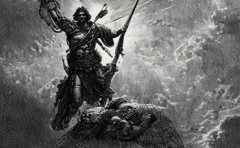 Image similar to the great greek warrior with a spear piercing the edge of the universe from the book of the long sun by gene wolfe, by gustave dore