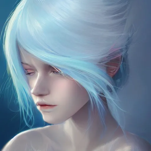 Image similar to teen girl, light blue white hair, gorgeous, amazing, elegant, intricate, ocean, highly detailed, digital painting, artstation, concept art, sharp focus, illustration, art by Ross tran