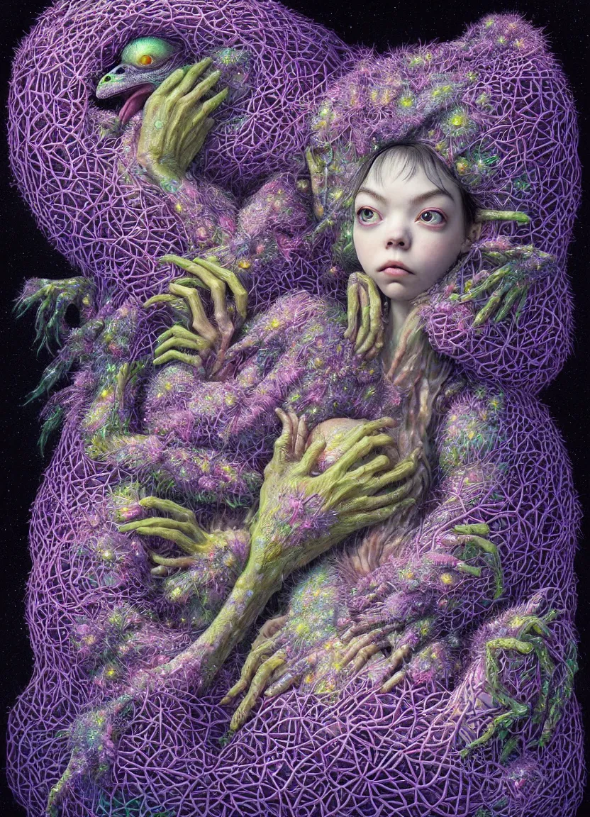 Image similar to hyper detailed 3d render like a Oil painting - kawaii portrait Aurora (a skeksis from dark crystal that looks like Anya Taylor-Joy) seen Eating of the Strangling network of yellowcake aerochrome and milky Fruit and His delicate Hands hold of gossamer polyp blossoms bring iridescent fungal flowers whose spores black the foolish stars by Jacek Yerka, Ilya Kuvshinov, Mariusz Lewandowski, Houdini algorithmic generative render, Abstract brush strokes, Masterpiece, Edward Hopper and James Gilleard, Zdzislaw Beksinski, Mark Ryden, Wolfgang Lettl, hints of Yayoi Kasuma, octane render, 8k