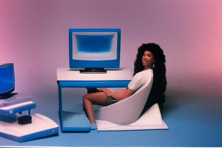 Image similar to an extremely realistic life-sized computer mainframe made of porcelain, beautiful model made of plastic sitting on a starry blue couch, from 1985, bathed in the glow of a crt television, low-light photograph, in style of Tyler Mitchell