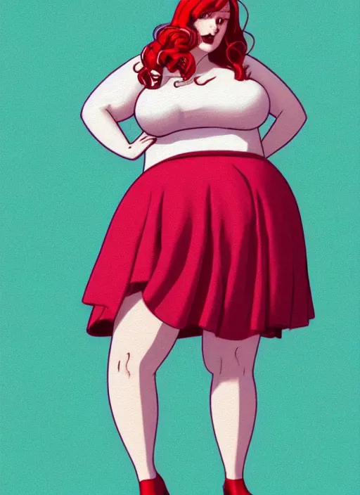 Image similar to full body portrait of teenage cheryl blossom, obese, bangs, sultry, realistic, red hair, sultry smirk, wavy hair, pink skirt, fat, belly, intricate, elegant, glowing lights, highly detailed, digital painting, artstation, concept art, smooth, sharp focus, illustration, art by wlop, mars ravelo and greg rutkowski