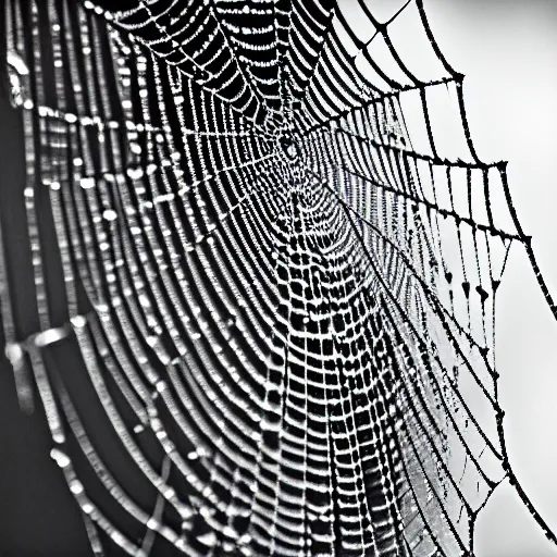 Image similar to dewdrops on spiderweb, award winning black and white photography