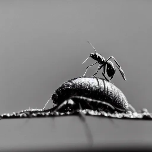 Prompt: hyperrealistic photograph of an ant as big as a car, standing on a car. highly detailed picture, focus on the ant. the ant is anatomically correct