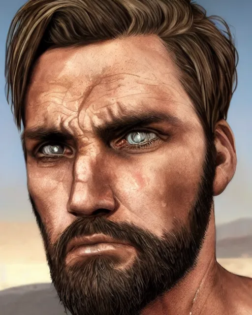 Image similar to portrait of muscular, tired and alcoholic 3 5 - year - old handsome man with short darkblonde hair, serious sad look in his eyes, dirty beard, blue eyes, wearing dirty soldier uniform, on the desert, hyper realistic face, beautiful eyes, character art, art by mark brooks, hyperdetailed, cryengine, trending on artstation, digital art