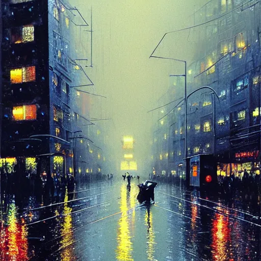 Prompt: street city, starry night, puddles, rain, storm, neotokyo, bladerunner, foggy, hyperrealism, bright colors, no blur, 4k resolution, ultra detailed, style of John Berkey, Norman Rockwell, Hans Thoma, Ivan Shishkin, Tyler Edlin, Thomas Kinkad, Ismail Inceoglu, Finnian MacManus, Anton Fadeev