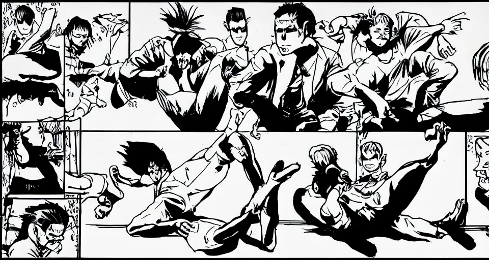 Image similar to conner mcgregor breaking his leg in the style of jinjo ito, comic, manga, black and white