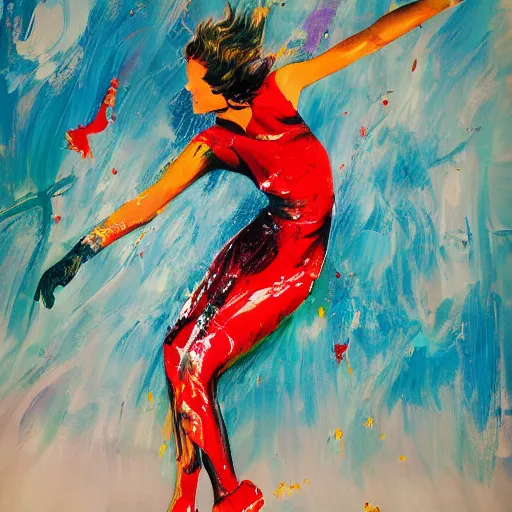 Prompt: a dynamically posed figure rendered in an expressive and stylized fashion showing movement with paint splashes