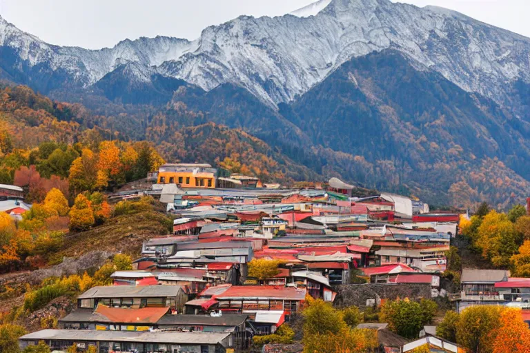 Prompt: warehouses lining a street, with an autumn mountain directly behind, radio tower on mountain, lens compressed, photography