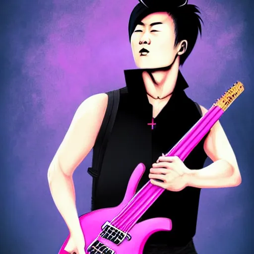 Prompt: chinese rocker guy with short hair wearing a serious expression and looking up, wearing a black vest and playing a pink guitar, smoke in the background, full color digital illustration in the style of frank frazetta,, artgerm, artstation trending