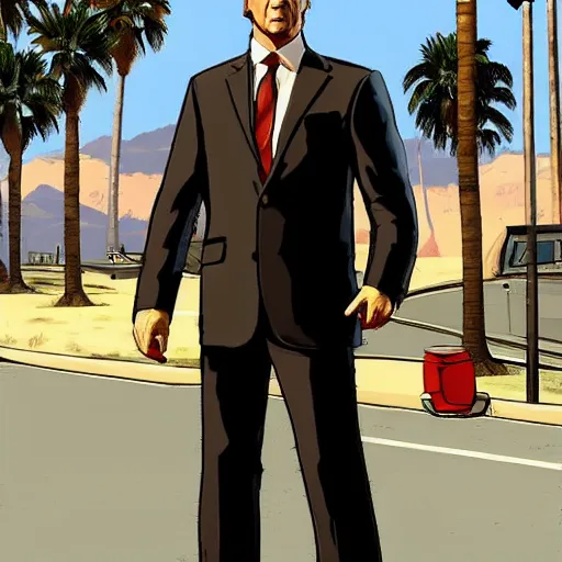 Image similar to Saul Goodman in GTA V . Los Santos in the background, palm trees. In the art style of Stephen Bliss.