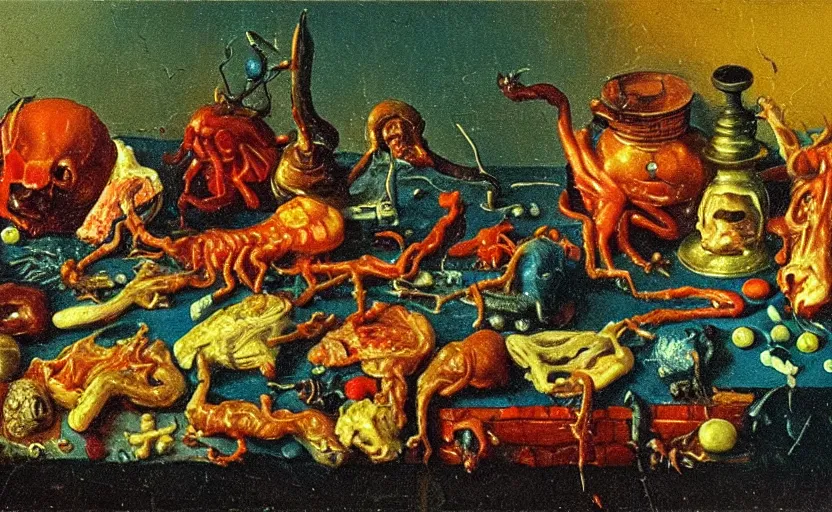 Image similar to disturbing colorful oil painting dutch golden age vanitas still life sparse composition with bizarre objects strange gooey transparent surfaces shiny metal reflections bizarre mutant meat insects rachel ruysch dali todd schorr very detailed perfect composition rule of thirds masterpiece canon 5 0 mm, cinematic lighting, photography, retro, film, kodachrome