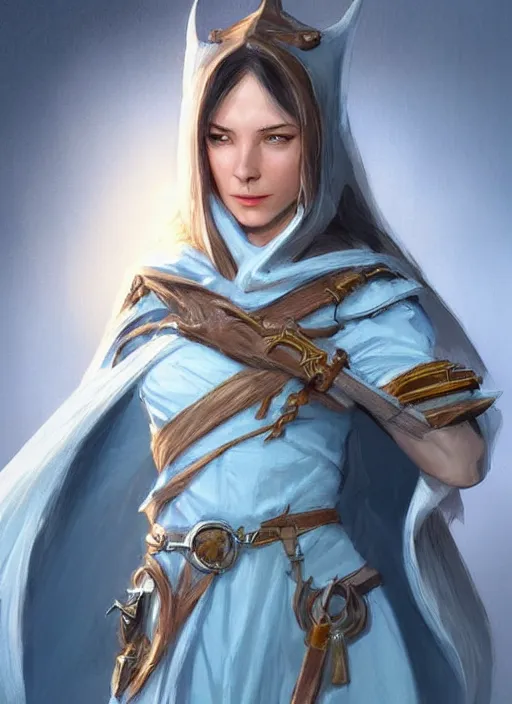 Image similar to light blue cloak female priest, ultra detailed fantasy, dndbeyond, bright, colourful, realistic, dnd character portrait, full body, pathfinder, pinterest, art by ralph horsley, dnd, rpg, lotr game design fanart by concept art, behance hd, artstation, deviantart, hdr render in unreal engine 5