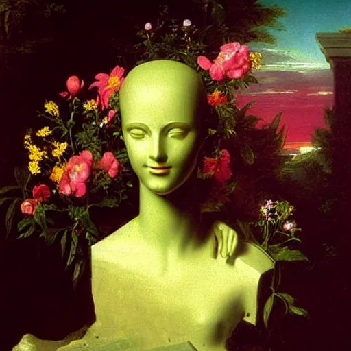 Image similar to Thomas Cole, Thomas Cole, award winning masterpiece with incredible details, Thomas Cole, a surreal vaporwave vaporwave vaporwave vaporwave vaporwave painting by Thomas Cole of an old pink mannequin head with flowers growing out, sinking underwater, highly detailed Thomas Cole