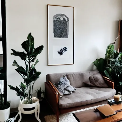 Image similar to a living room with plants and music equipment and a painting on the wall, featured on tumblr, light and space, sanctuary, soft light, aesthetic