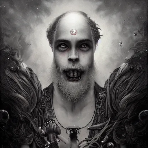 Prompt: By Tom Bagshaw, ultra realist soft painting of curiosities carnival by night, Dwarf grins beard, symmetry accurate features, very intricate details, ominous sky, black and white, volumetric light clouds