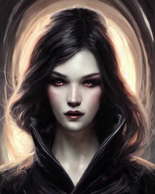 Prompt: lady in black coat and pantyhose, cosmic horror style, intricate, seductive confident pose, realistic, highly detailed, digital painting, art by wlop and artgerm and ross tran and greg rutkowski, charlie bowater