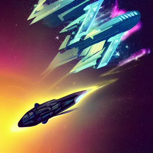 Prompt: a spaceship flying through space with galaxies in the back, epic lighting, in the art style of arcane, digital art, vector art, trending on artstation, highly detailed