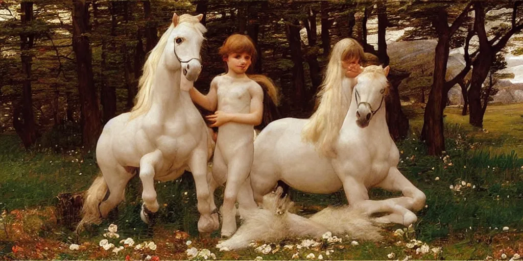 Image similar to 3 d precious moments plush horse, realistic fur, master painter and art style of john william waterhouse and caspar david friedrich and philipp otto runge