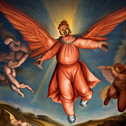 Prompt: An archangel dressed as a clown hovers in the sky, Sistine Chapel fresco art style. 8k