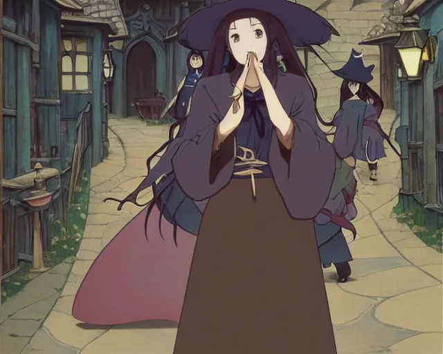 Image similar to ( majo no tabitabi ), key anime visual portrait of a young female witch walking through a busy medieval village, dynamic pose, dynamic perspective, cinematic, dramatic lighting, detailed silhouette, anime proportions, alphonse mucha, perfect anime, yoh yoshinari, ( yuki urushibara )