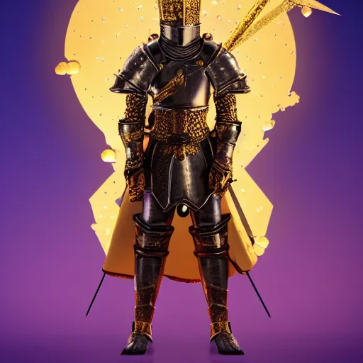 Image similar to a highly detailed knight with glowing purple eyes in a golden helmet and a golden crown with a diamond in the center, golden armor, leather clothes under the armor, leather gloves, holds a black sword, artstation, DeviantArt, professional, octane render, sunset lighting