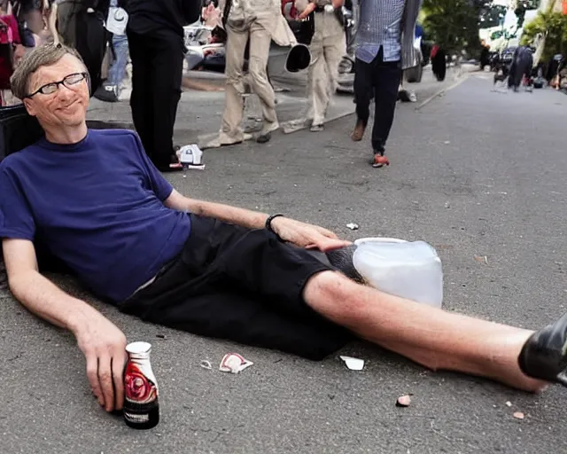 Image similar to a severely inebriated bill gates was spotted yesterday sleeping in the street with a bottle of smirnoff in his hands