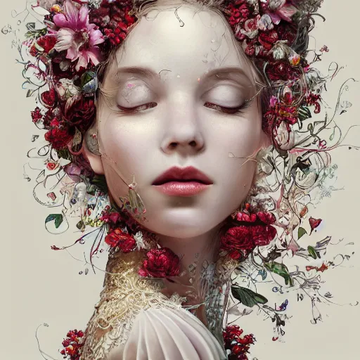 Image similar to the portrait of an absurdly beautiful, graceful, elegant, sophisticated, fashionable young woman made of strawberries and white petals looking down, an ultrafine hyperdetailed illustration by kim jung gi, irakli nadar, intricate linework, bright colors, octopath traveler, final fantasy, unreal engine 5 highly rendered, global illumination, radiant light, detailed and intricate environment