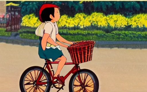 Prompt: a young girl riding a bike with a basket in a small town, 1970s philippines, art by hayao miyazaki, studio ghibli film, hi res, 4k, perfect face