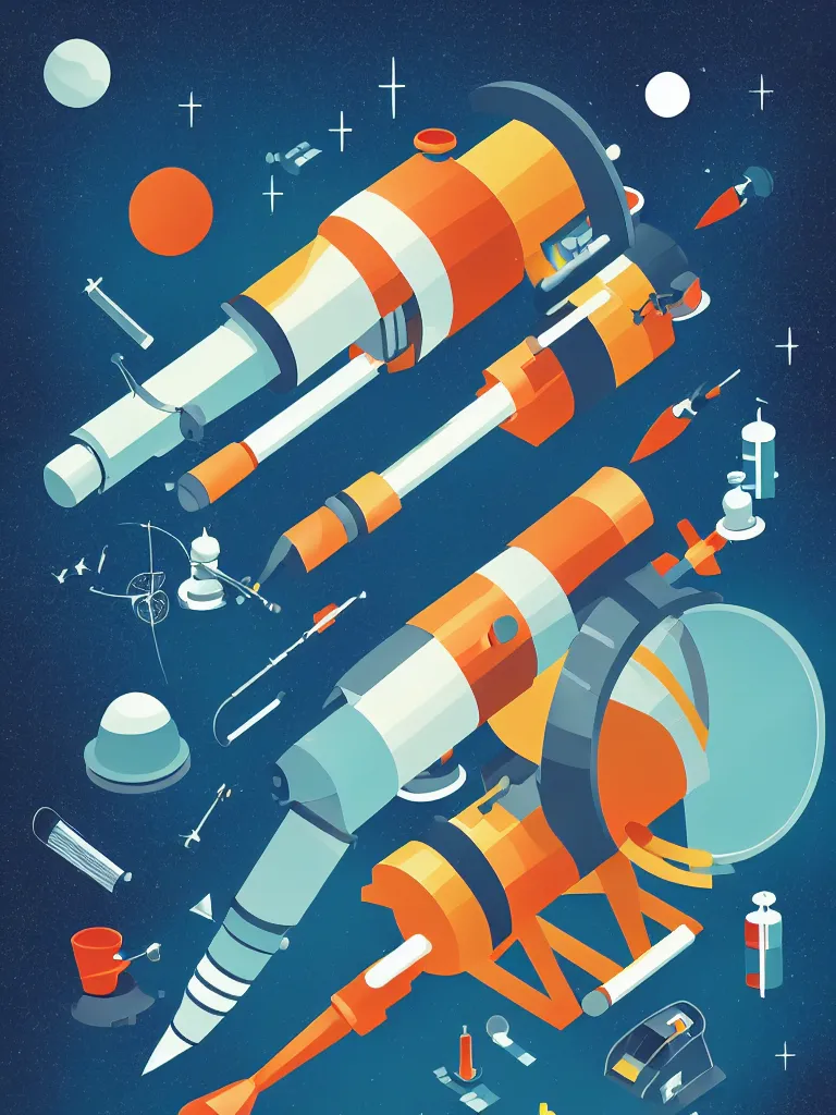 Image similar to editorial illustration scientific lab test tube telescope microscope spaceship, dynamic composition, detailed, matte print, dynamic perspective, colorful modern, mads berg