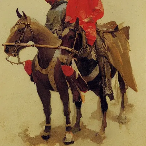 Image similar to portrait of man waring chinmail and gambeson, holding lance and sitting on horse wearing caparisons, medieval by greg manchess, bernie fuchs, walter everett, lost edges