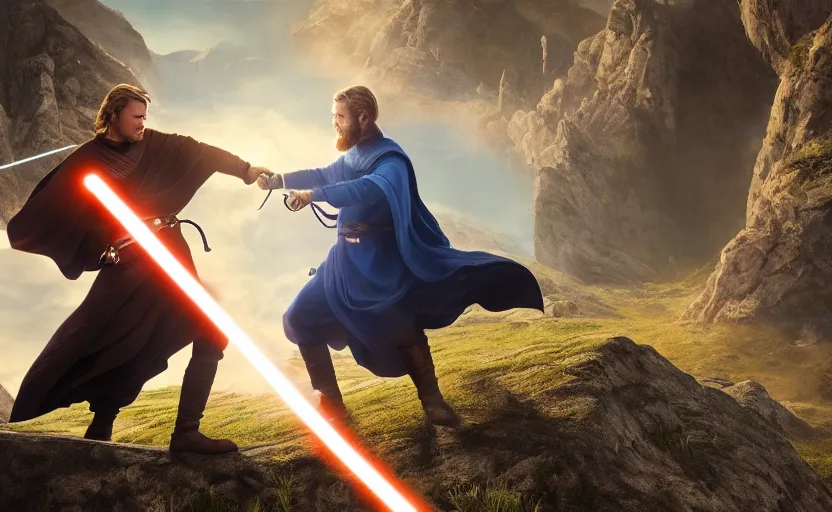 Image similar to anakin skywalker and obi wan kenobi engaging in an epic duel on a cliffside, epic, fantasy artwork, intense, cinematic, raytracing, dynamic lighting, 4 k