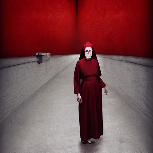 Prompt: portrait of a nun in red clothes, staying in concrete corridor, dark, moody, scary, paranoid, by Hugh Kretschmer