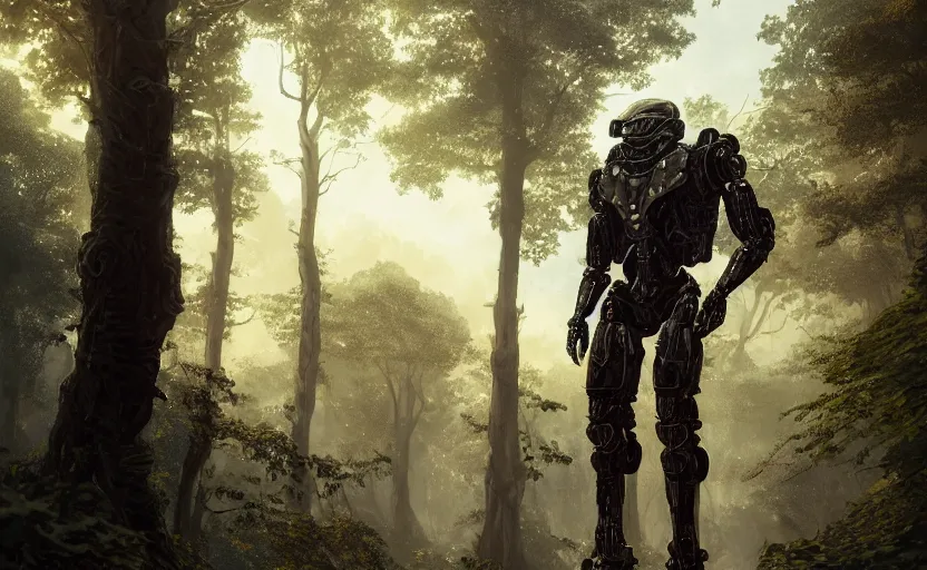 Image similar to detailed intricate digital illustration by greg rutkowski and artgerm and wlop and sanford robinson gifford ; bearded man in an advanced warfare exoskeleton mech suit, standing in the yggdrasil forest large trees ; 1 3 mm film, arri alfa anamorphic lens ; sharp focus, golden hour lighting, trending on artstation 4 k ; close view