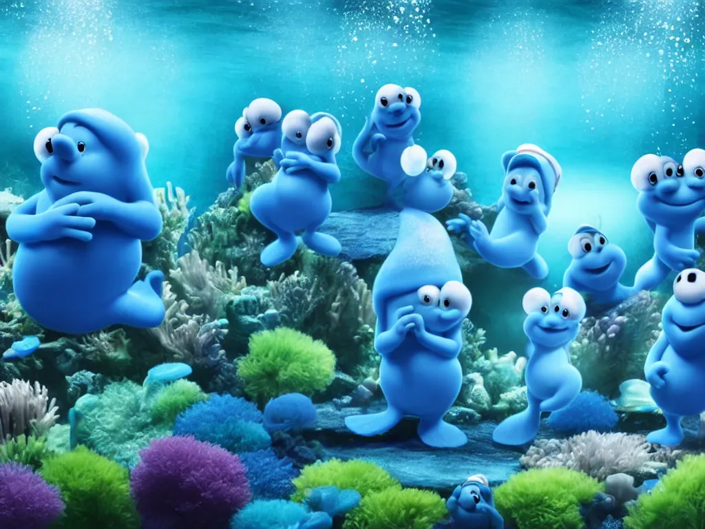 Image similar to underwater smurfs wearing white hats swimming with bioluminescent fishes, photorealistic painting, cgi, low volumetric light, movie still, very cute and cozy and fluffy and sweet