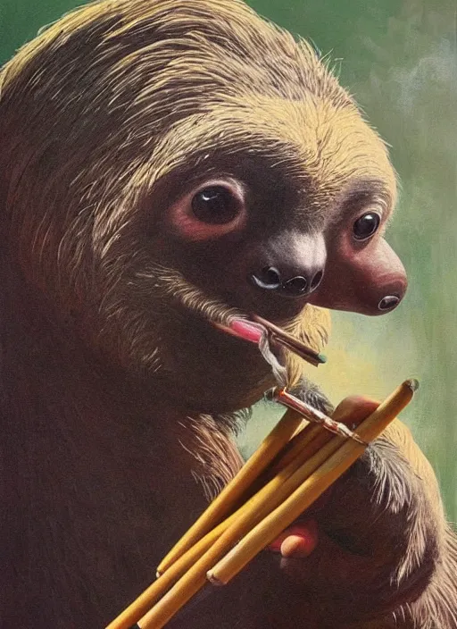 Image similar to ultra realistic portrait painting of a sloth smoking a joint, vaguely resembling snoop dogg, art by frank frazetta, 4 k, ultra realistic, highly detailed, epic lighting