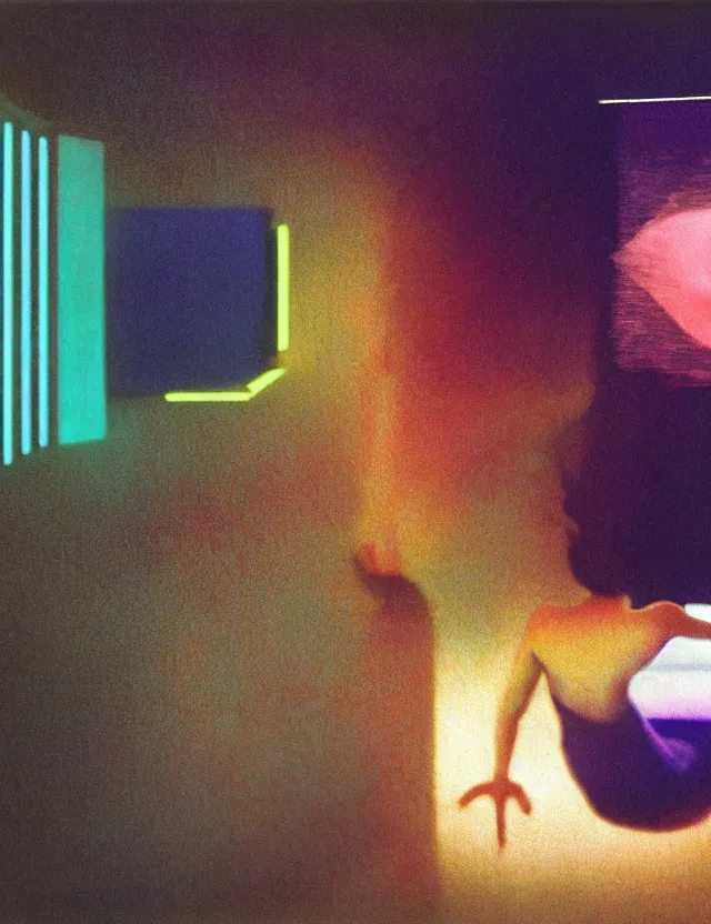 Image similar to woman playing computer games n dark room, blue rays from monitor, redshift, wide shot, coloured polaroid photograph, pastel, kodak film, hyper real, stunning moody cinematography, by maripol, fallen angels by wong kar - wai, style of suspiria and neon demon, david hockney, detailed, oil on canvas