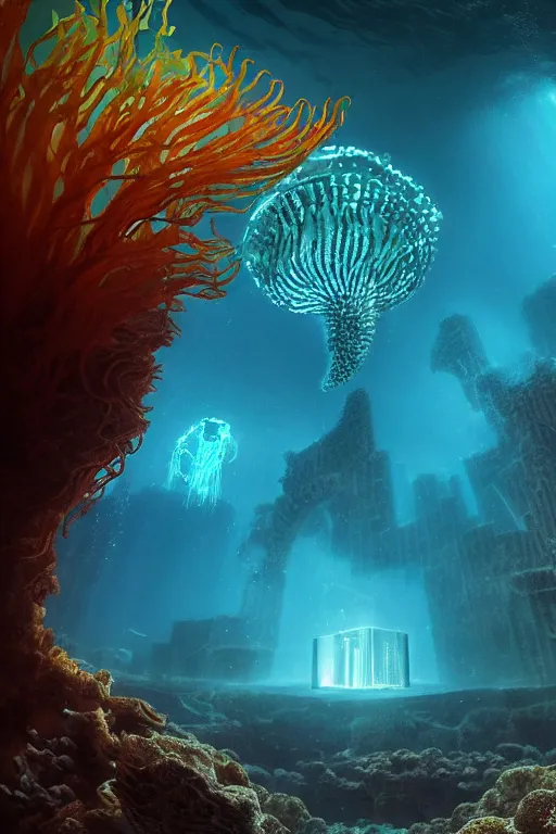 Prompt: hyperrealistic precisionist cinematic underwater dystopian byzantine city ruins with giant bioluminescent multicolor mutant plants and cyborg jellyfish, digital art masterpiece, aykut aydogdu eric zener, very dramatic volumetric light, long shot, ground angle uhd 8 k, deep focus