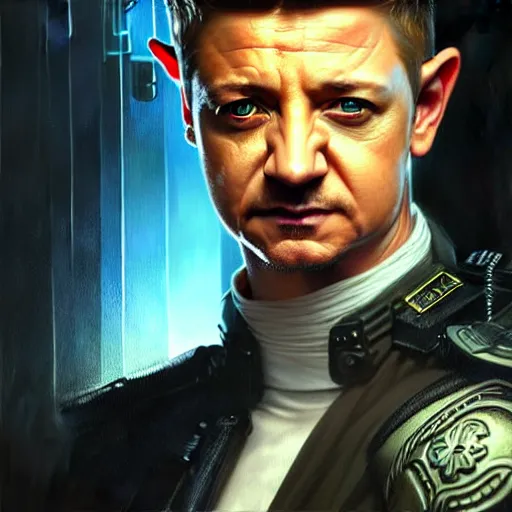 Prompt: portrait painting of a cyberpunk elf policeman who looks like jeremy renner, ultra realistic, concept art, intricate details, eerie, highly detailed, photorealistic, octane render, 8 k, unreal engine. art by artgerm and greg rutkowski and charlie bowater and magali villeneuve and alphonse mucha