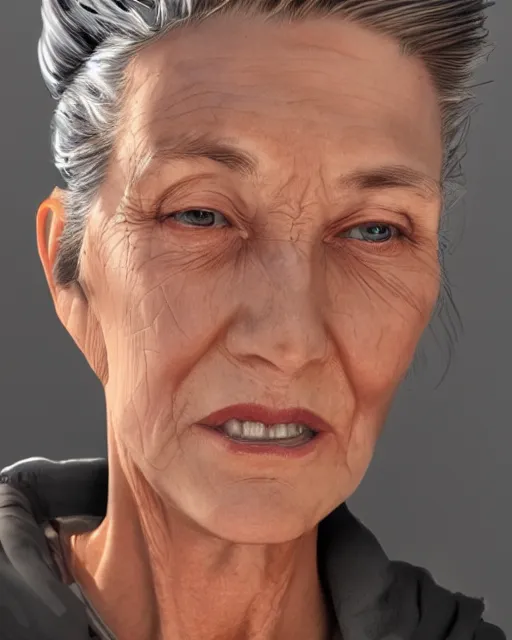 Prompt: portrait 6 0 - year - old woman, tall, severe - looking, with dark hair tied up in a bun, hyper realistic face, beautiful eyes, character art, art by mark brooks, hyperdetailed, cryengine, trending on artstation, digital art