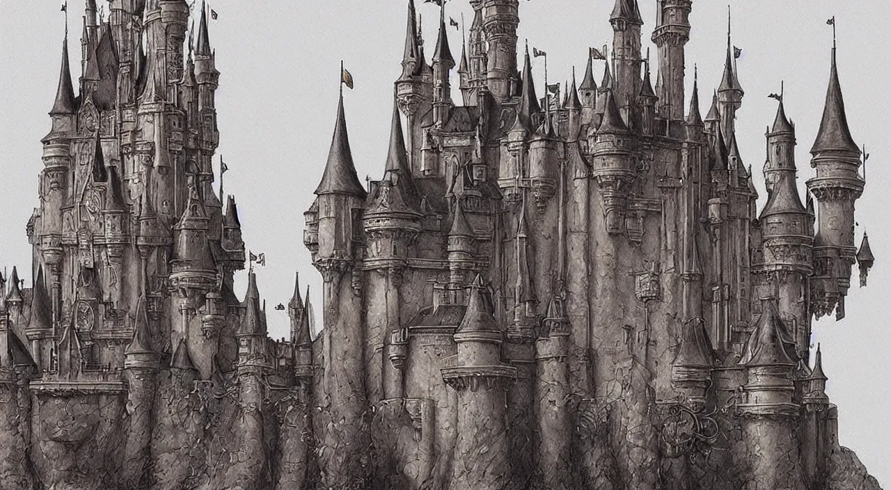 Image similar to disney fantasy castle. Jean-Baptiste Monge and Alex Ross a artwork of a gothic revival castle