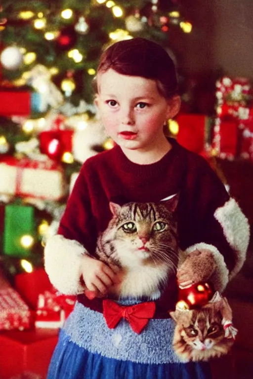 Prompt: retro photo of a child with a cat's face in cute clothes on the background of a christmas tree with new year's toys, ussr, sovet ; kodak ektar, 2 0 0 iso, 3 5 mm lens, bill henson style beautiful chiaroscuro lighting, beautiful colour palette, beautiful and realistic, wide shot