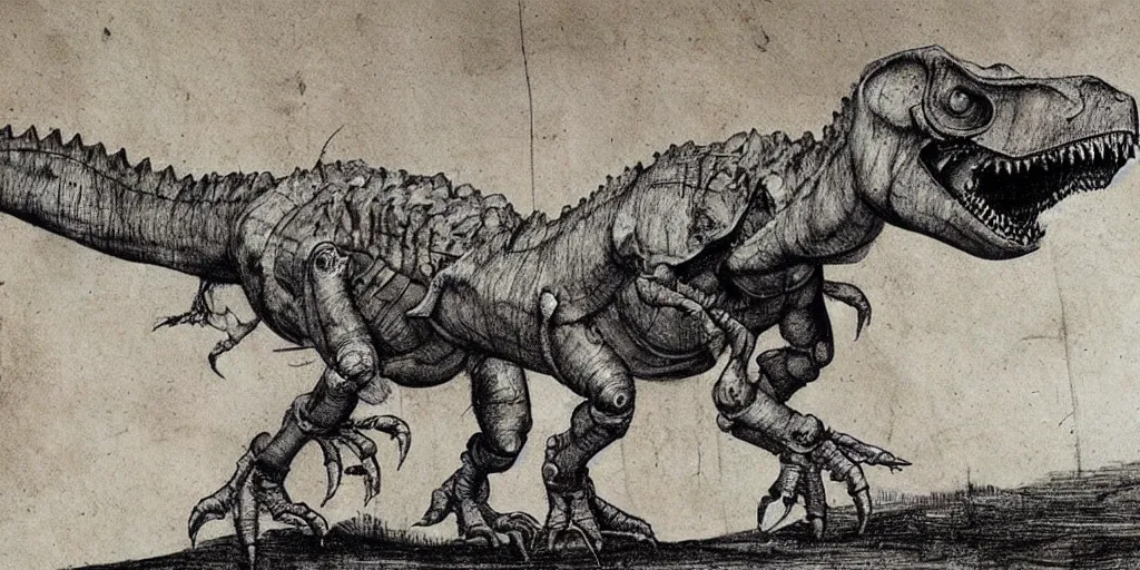 Image similar to leonardo da vinci's technical sketch of a robotic dinosaur, highly detailed