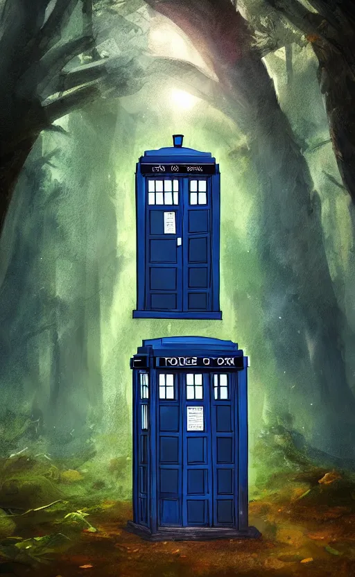 Prompt: a portrait of a tardis, in the woods, dynamic lighting, photorealistic fantasy concept art, trending on art station, stunning visuals, creative, cinematic, ultra detailed